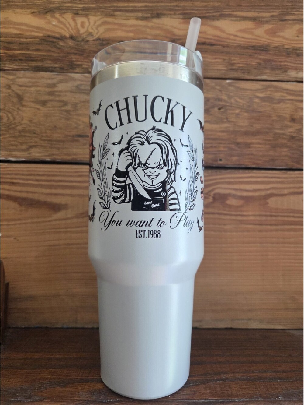 Chucky 40 oz Tumbler with Handle Lid and Straw Halloween Horror